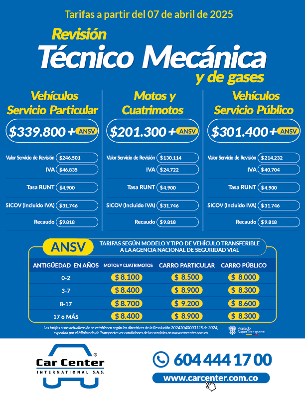 Tarifas detalladas para revisión técnico-mecánica en Car Center Medellín, incluyendo valores desglosados y categorizados por tipo de vehículo y servicio.