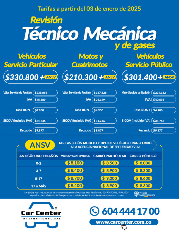 Tarifas detalladas para revisión técnico-mecánica en Car Center Medellín, incluyendo valores desglosados y categorizados por tipo de vehículo y servicio.