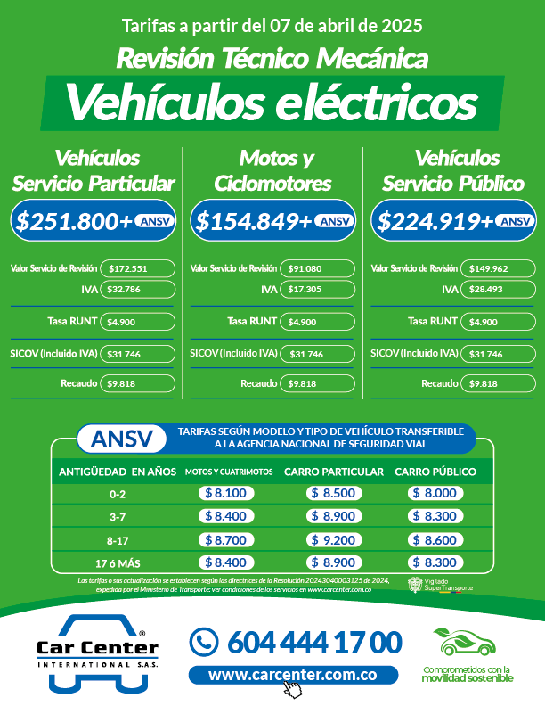 Tabla de tarifas actualizadas para revisión técnico-mecánica de vehículos eléctricos 2025, incluyendo vehículos particulares, motos y de servicio público.